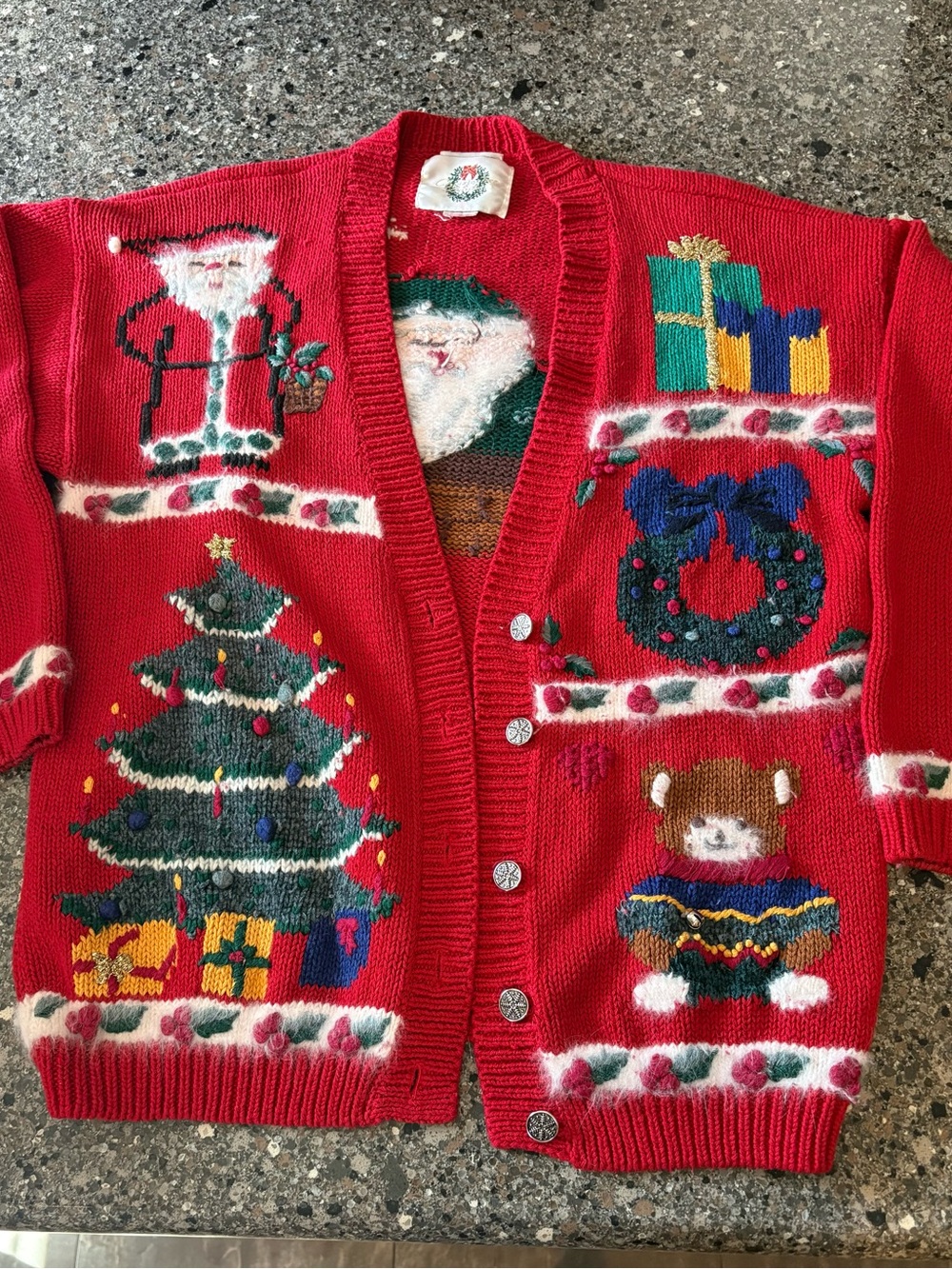Vintage Holiday Cardigan Sweater with Christmas Motifs Cottage Novelty Teacher
